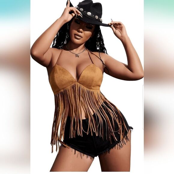 Verdusa Women's Fringe V Neck Suede Halter Top new with tags size Medium - Picture 3 of 11